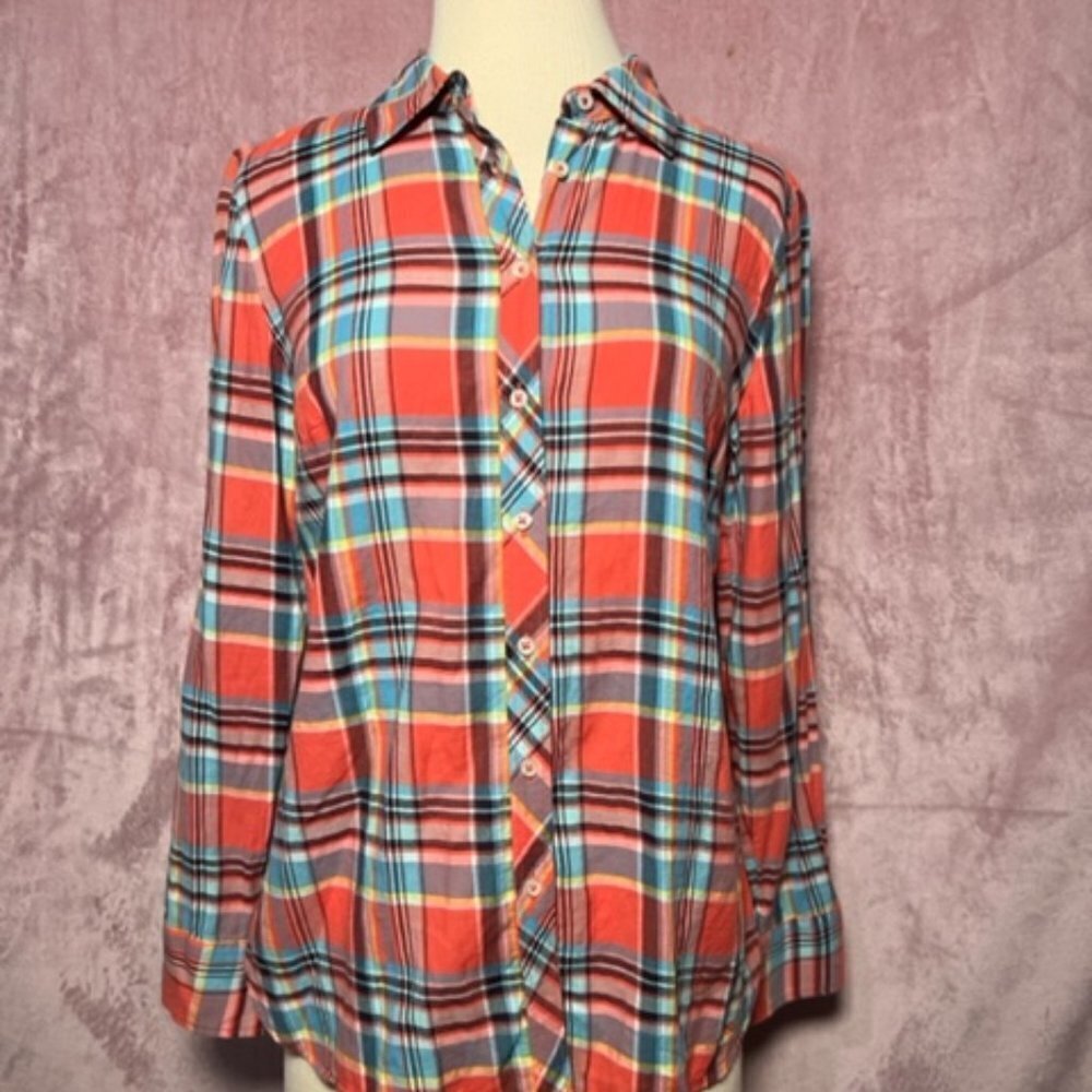 Talbots Womens Orange Multi Colored Orange And Blue Plaid Button Up Shirt Size S